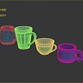 Four Blue Cups With Various Sizes Different Designs And Textured Surfaces On Grey Background 3d model