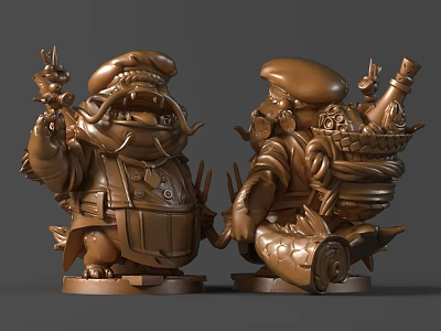 Intricate Cartoon Style 3D Printed Sculptures Featuring Characters Holding Tools And Carrying Basket Bottle 3d model