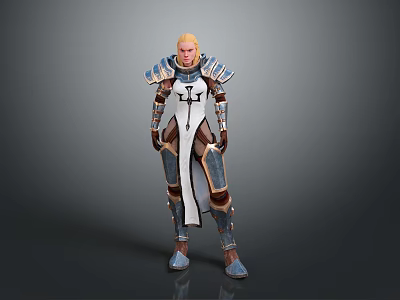 Fantasy Armored Warrior Character In Blue White Armor With Cross Emblem And Golden Hair 3d model
