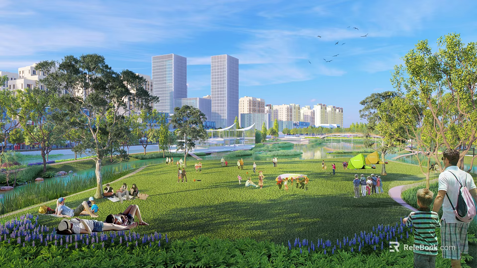 Urban Waterfront Landscape with Green Grassland People Relaxing Trees and High Rise Buildings 3d model 