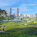 Urban Waterfront Landscape with Green Grassland People Relaxing Trees and High Rise Buildings