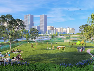 Urban Waterfront Landscape with Green Grassland People Relaxing Trees and High Rise Buildings 3d model