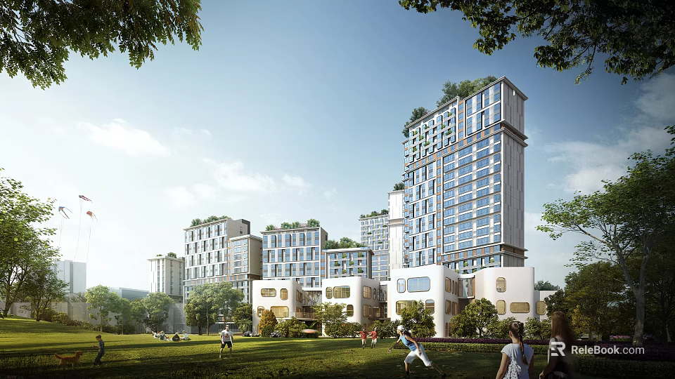 Modern Residential Buildings With Green Lawn Trees And People In Community Area 3d model 