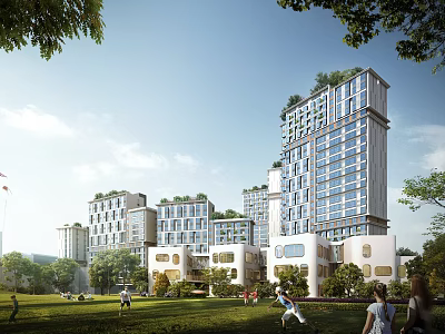 Modern Residential Buildings With Green Lawn Trees And People In Community Area 3d model