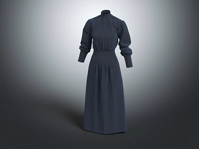 Elegant Navy Blue Long Sleeve High Neck Fitted Waist Long Dress Design 3d model