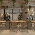 Mall Shop Interior Featuring Wooden Frame Ceiling Hanging Plants Dining Table And Display Cabinets
