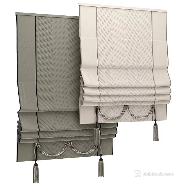 Elegant Herringbone Pattern Curtains In Neutral Tones With Tassel Decorations And Modern Design 3d model 