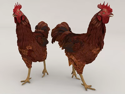 Two Red Reptiles With Brown Feather Like Scales Standing On White Background 3d model