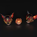 Ornate Decorative Ornament Set With Two Bat Wing Masks And Orange Little Devil Figurine