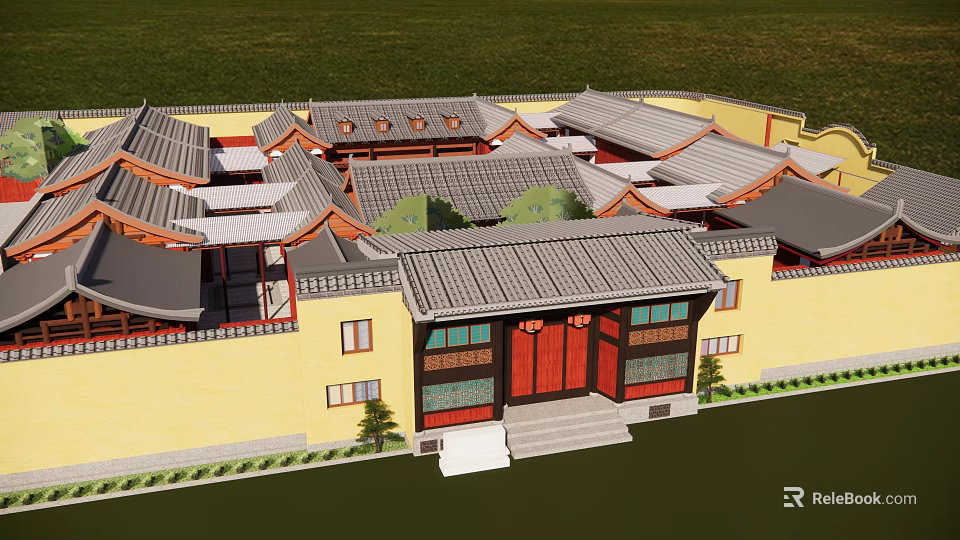 Ancient Chinese Architecture With Traditional Curved Roofs Yellow Walls And Red Gates 3d model 