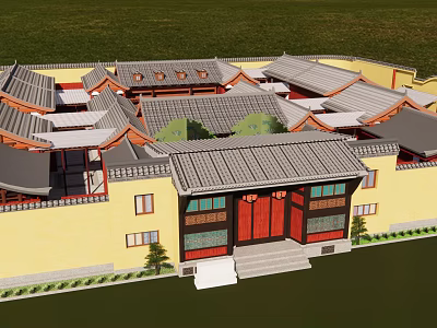 Ancient Chinese Architecture With Traditional Curved Roofs Yellow Walls And Red Gates 3d model