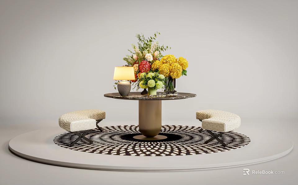 Elegant Modern Vase With Colorful Flowers On Round Table With Stools And Rug 3d model 