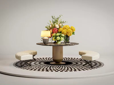 Elegant Modern Vase With Colorful Flowers On Round Table With Stools And Rug 3d model