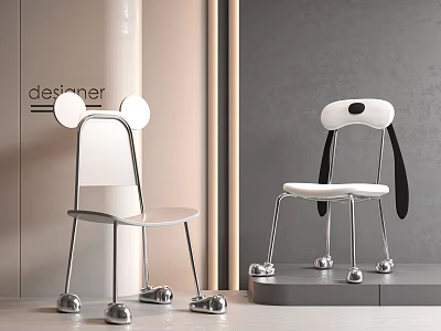 Cute Animal Shaped Children's Chairs With White Seat Silver Metal Legs And Round Foot Pads 3d model