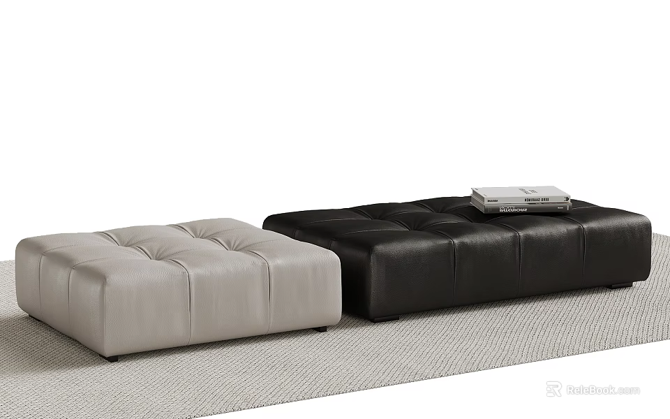Light And Dark Leather Tufted Ottomans On Carpet With Magazine 3d model