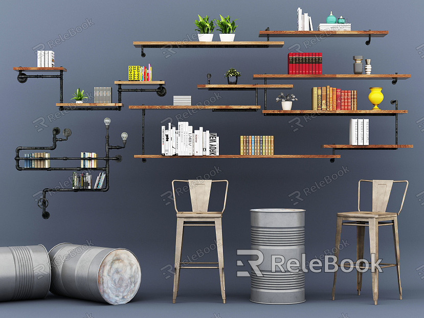 Industrial LOFT Wall Storage Rack Water Pipe Bookshelf Old Iron Chair Old Oil Drum model