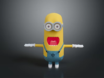Yellow Cartoon Character With Big Eyes Blue Overalls Open Arms And Open Mouth 3d model