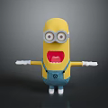 Yellow Cartoon Character With Big Eyes Blue Overalls Open Arms And Open Mouth