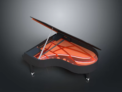 Black Grand Piano Furniture With Open Lid Red Interior And White Support Legs 3d model