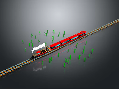 Red Steam Train Traveling On Rail Track With Green Plants 3d model