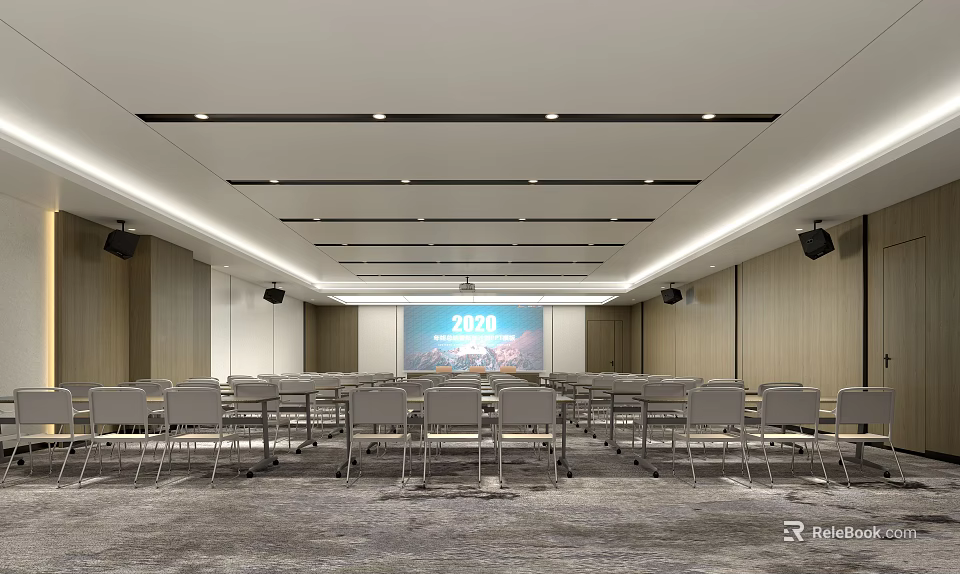 Modern Conference Room Interior With Arranged Tables Chairs Large Screen Ceiling Lighting And Wooden Walls 3d model 
