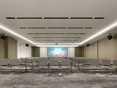 Modern Conference Room Interior With Arranged Tables Chairs Large Screen Ceiling Lighting And Wooden Walls 3d model