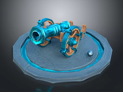 Blue Decorative Cannon Model With Circular Engraved Base Wooden Wheels And Metal Cannonball 3d model