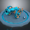 Blue Decorative Cannon Model With Circular Engraved Base Wooden Wheels And Metal Cannonball