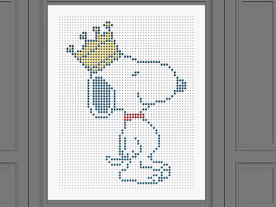 White Background Wall With Snoopy Pixel Art Yellow Crown And Red Bow Tie 3d model