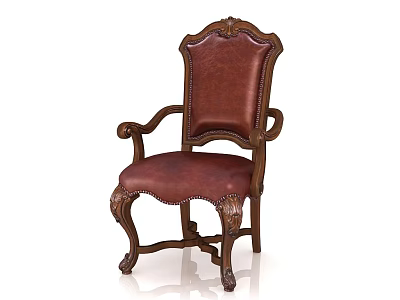 Classic Leather Upholstered Dining Chair With Carved Wooden Frame And Ornate Armrests 3d model