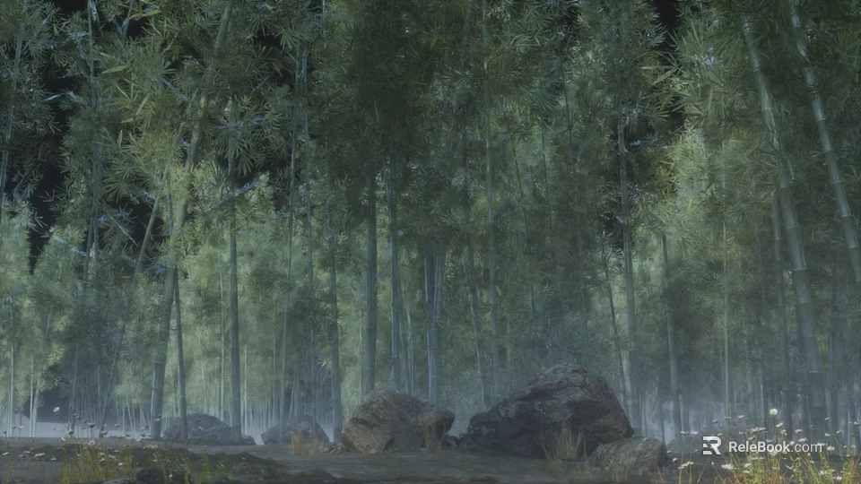 Lush Bamboo Forest In Natural Environment With Rocks And Vegetation 3d model 