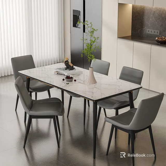 Modern Marble Top Dining Table And Grey Chairs Set With Green Plant And Vase 3d model 