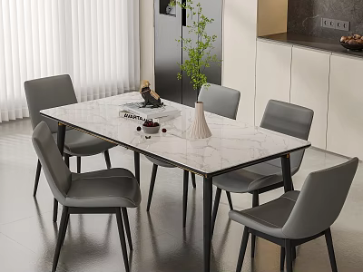Modern Marble Top Dining Table And Grey Chairs Set With Green Plant And Vase 3d model
