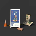 Fried Chicken Billboard With Cartoon Character Traffic Cone Sacks And Brick