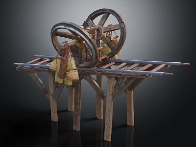 Ancient Wooden Mechanical Structure With Large Wheels Track Frame And Support Legs 3d model