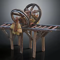 Ancient Wooden Mechanical Structure With Large Wheels Track Frame And Support Legs 3d model