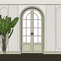 Arched Light Green Glass Pane Double Doors In Minimalist White Wall Interior With Green Plants