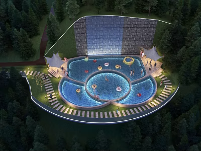 Garden Landscape Design With Circular Pool Waterfall Stone Wall And Illuminated Pathway 3d model