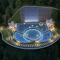 Garden Landscape Design With Circular Pool Waterfall Stone Wall And Illuminated Pathway