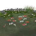 Tranquil Water Fountain With Lotus Flowers Lily Pads Koi Fish Stones And Green Plants