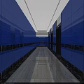 Modern Elevator Hallway With Blue Glass Walls Light Marble Flooring And Ceiling Lights