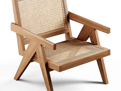 Natural Wooden Frame Leisure Chair With Woven Seat And Backrest Design 3d model
