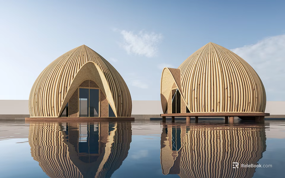 Wooden Dome Boutique Villa With Water Reflection And Blue Sky Backdrop 3d model 