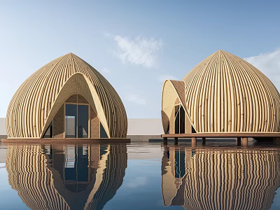 Wooden Dome Boutique Villa With Water Reflection And Blue Sky Backdrop 3d model