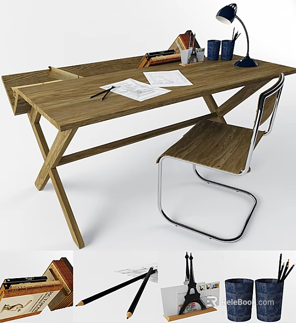 Modern Wooden Writing Desk With Papers Pens Office Supplies and Matching Chair 3d model 