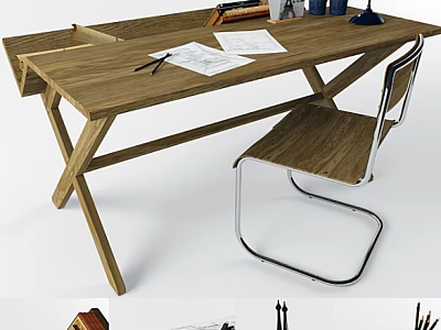 Modern Wooden Writing Desk With Papers Pens Office Supplies and Matching Chair 3d model