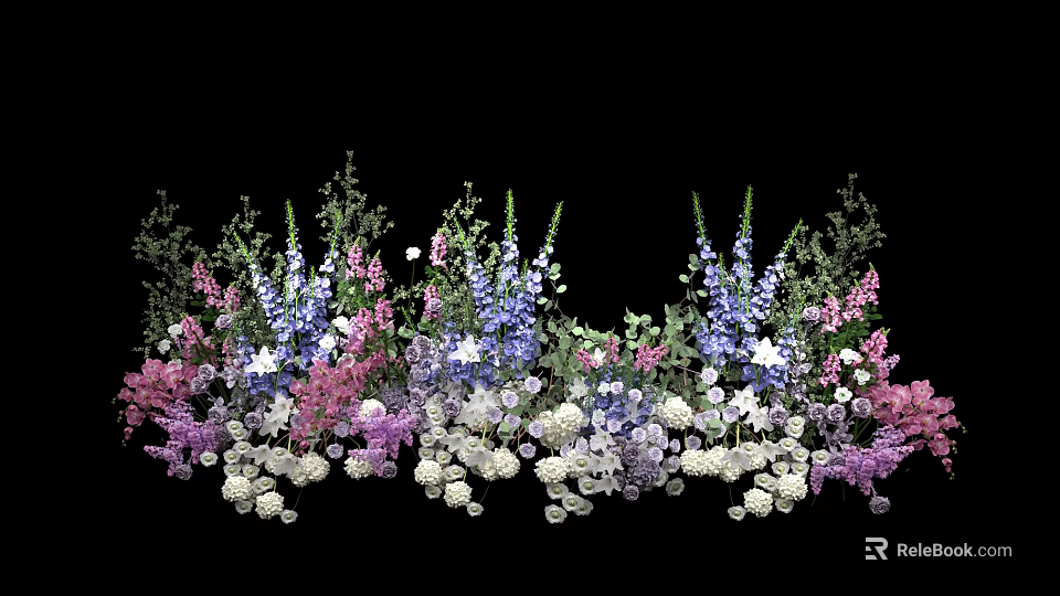 Floral Art Installation with Purple Pink White Flowers and Green Foliage for Decorative Display Design 3d model 
