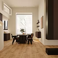 Modern Living and Dining Room Interior With Large Window Striped Armchairs And Wooden Floor