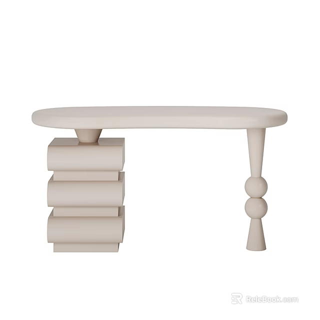 Light Colored Round Desk With Stacked Books Support And Spherical Decorative Legs 3d model 