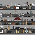 Decorative Ornament Set with Vases Tea Sets Sculptures Fans Books and Potted Plants on Shelves